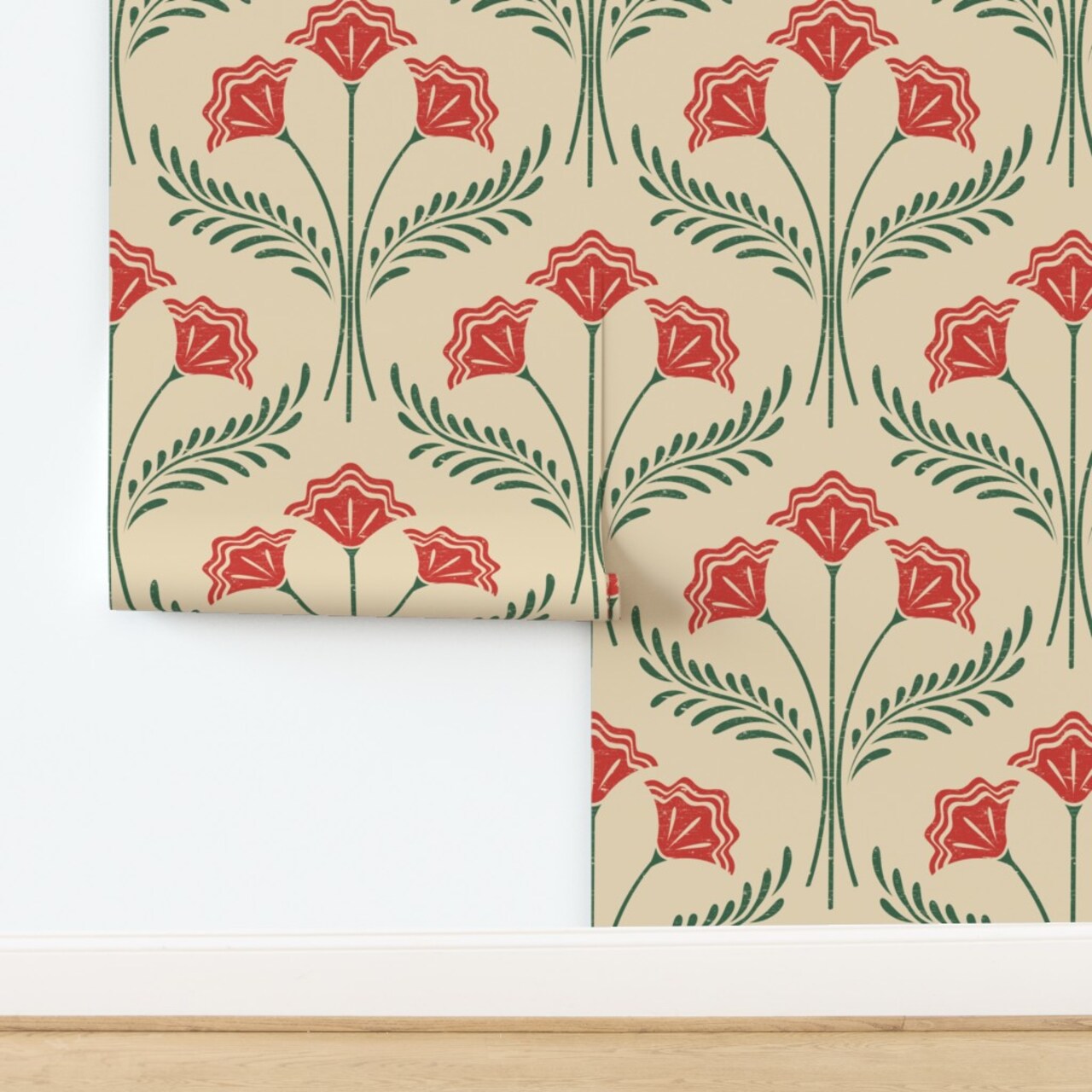 Red Floral Folk Art Green Botanical Bold Rustic Cottagecore Stamp Traditional Wallpaper by Spoonflower Non-Pasted Wallpaper 2FT Wide